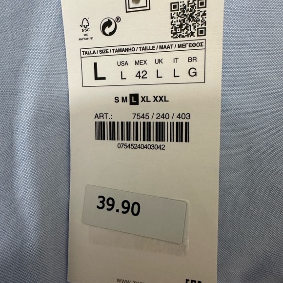 Zara Men’s Banded Collar Shirt. Light Blue (Large). - Picture 5 of 5